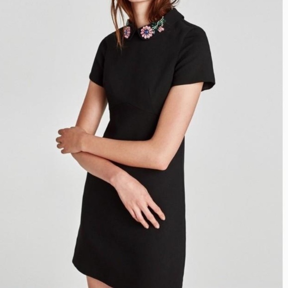 NWT Zara Bejeweled Detachable Collar Black Fitted Dress Large - Picture 1 of 9